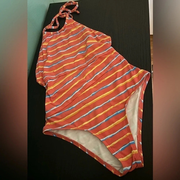 J McLaughlin Nicola One Piece Bathing Suit in Coral/Orange Stripe 2 (No padding) - Picture 1 of 8